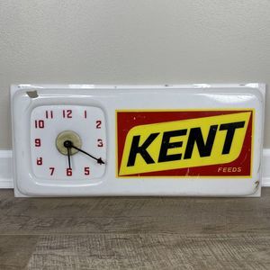 Vntg 24”x 11” Kent Feeds Sign Clock White Red Plastic Animal Feed‎ Company READ